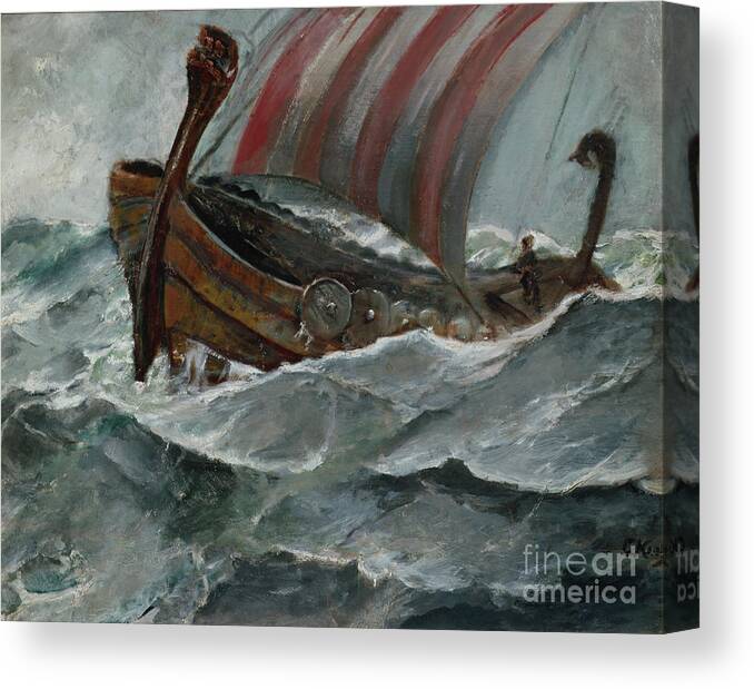 Christian Krohg Canvas Print featuring the painting Viking ship in bad weather by O Vaering by Christian Krohg