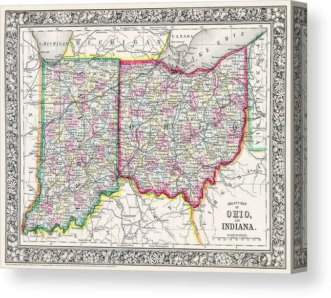 Indiana Canvas Print featuring the photograph Vintage County Map of Ohio and Indiana 1863 by Carol Japp