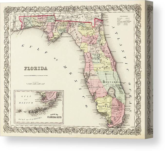 Florida Map Canvas Print featuring the photograph Vintage Map State of Florida 1856 by Carol Japp
