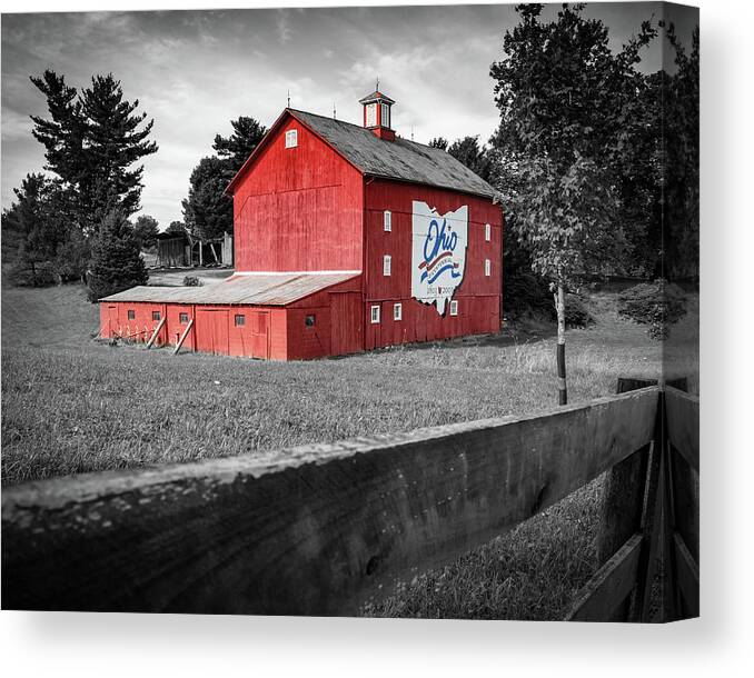 Delaware County Canvas Print featuring the photograph Vintage Red Bicentennial Barn - Ohio Selective Coloring by Gregory Ballos