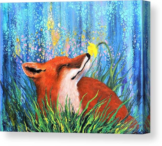 Wall Art Home Décor Vulpes Spring Red Fox Gift Idea Acrylic Painting Abstract Painting Flower Yellow Flower Yellow Daffodil Fox Spring Orange And Blue Color Canvas Print featuring the painting Vulpes Spring by Tanya Harr