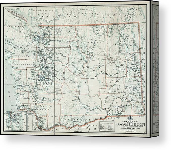 Washington State Canvas Print featuring the photograph Washington State Vintage Post Route Map 1903 by Carol Japp