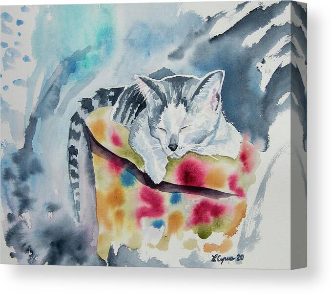 Kitten Canvas Print featuring the painting Watercolor - Sleeping Kitten by Cascade Colors