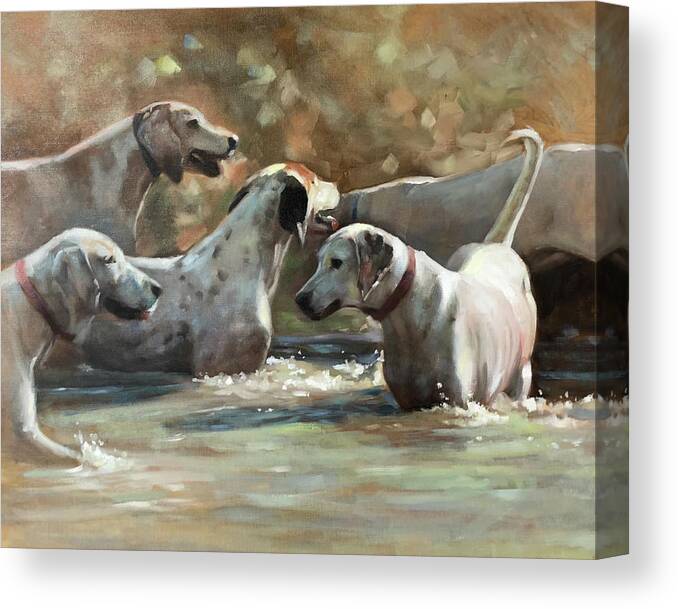 Hounds Dogs Dog Foxhunt Foxhounds Hunt Water Wading Playing Contemporary Art Painting Realism Canvas Print featuring the painting Well Hello by Susan Bradbury
