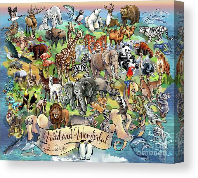 Illustration Canvas Print featuring the digital art Wild and Wonderful Animals of the World by Maria Rabinky