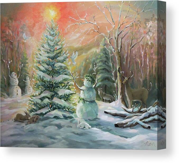 Snowman Canvas Print featuring the painting Winter Celebration by Nancy Griswold