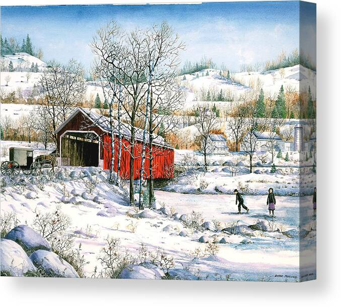 Covered Bridge Canvas Print featuring the painting Winter Crossing by Diane Phalen