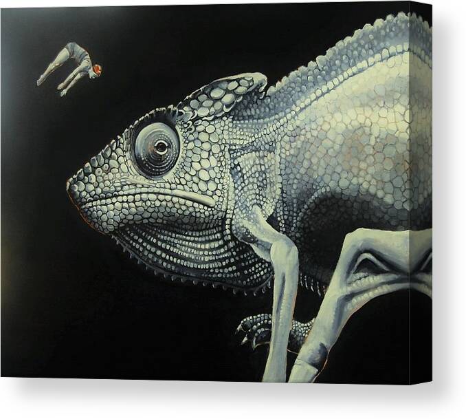 Chameleon Canvas Print featuring the painting With All That's Happening This Is Not The Time To Go Diving by Jean Cormier