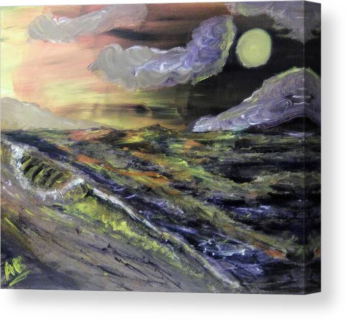 Beaches Canvas Print featuring the painting Yellow Moon on a Violet Ocean by Andrew Blitman