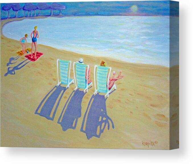 Sunset On Beach Canvas Print featuring the painting Sunset on Beach - Last Rays by Rebecca Korpita