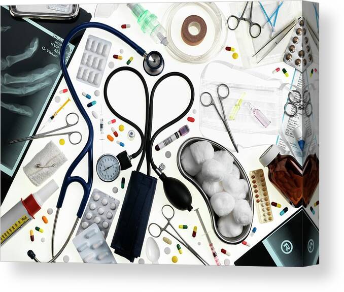 Indoors Canvas Print featuring the photograph Medical Equipment And Drugs #1 by Tek Image/science Photo Library