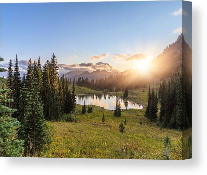 Scenics Canvas Print featuring the photograph MT.Rainier in sunset #1 by Chinaface