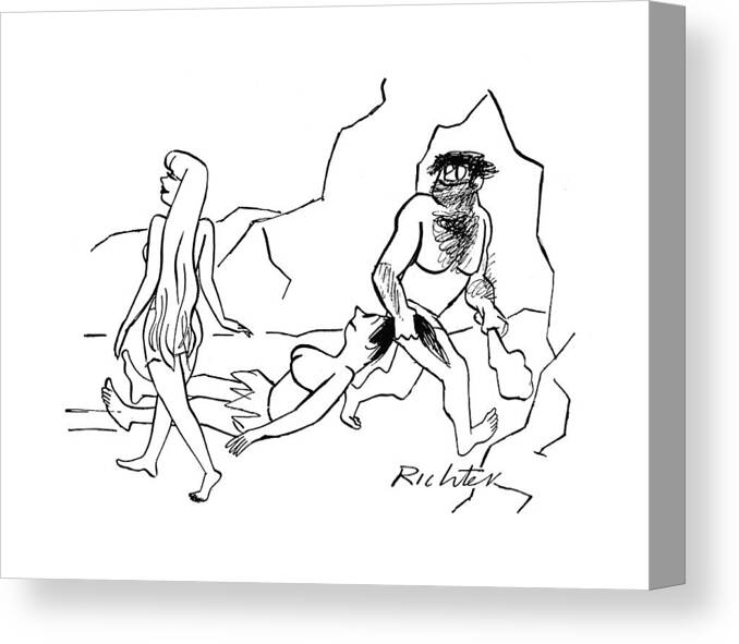 113564 Mri Mischa Richter Caveman Is Dragging One Woman And Sees Another Whom He Likes Better. Attraction Attractive Caveman Cavemen Cavewoman Cavewomen Chase Couple Couples Cro-magnon ?irt ?irting Hit Hitting Husband Husbands Marriage Married Neanderthal Prehistoric Relationship Relationships Sex Sexual Sexy Stone-age Wife Wives Canvas Print featuring the drawing New Yorker September 9th, 1944 #1 by Mischa Richter
