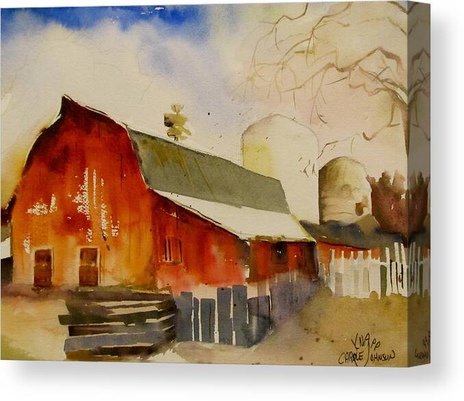 Red Canvas Print featuring the painting Quiet Red Barn #1 by Carole Johnson