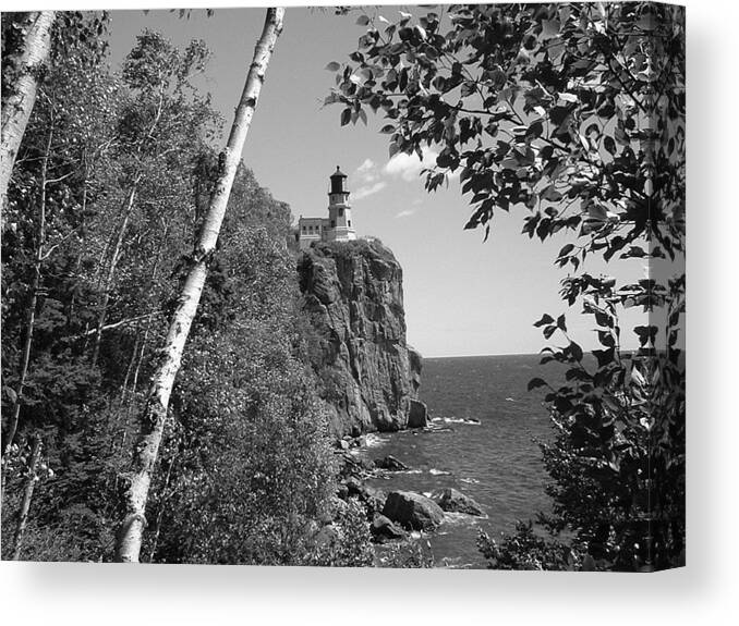 Lighthouse Canvas Print featuring the photograph Split Rock black and white by Bonfire Photography