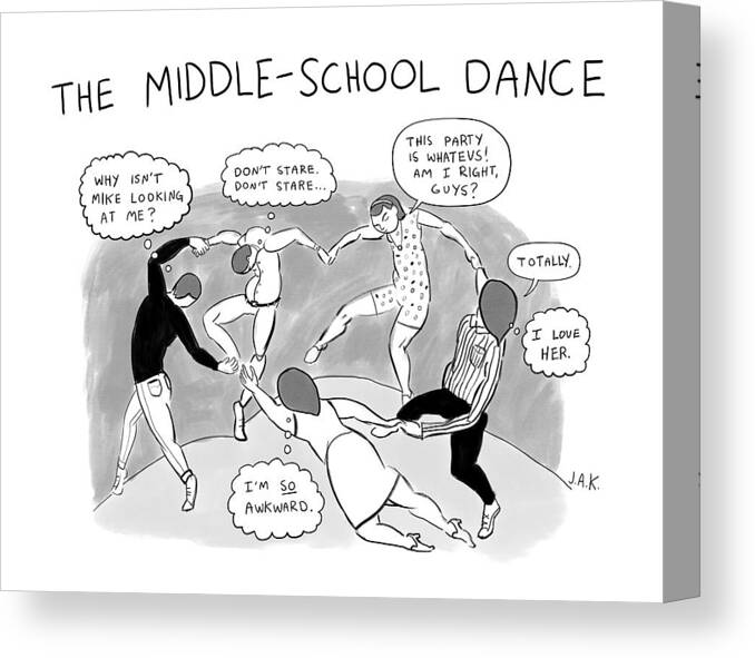Title: The Middle School Dance Insecurity Canvas Print featuring the drawing New Yorker March 6th, 2017 by Jason Adam Katzenstein