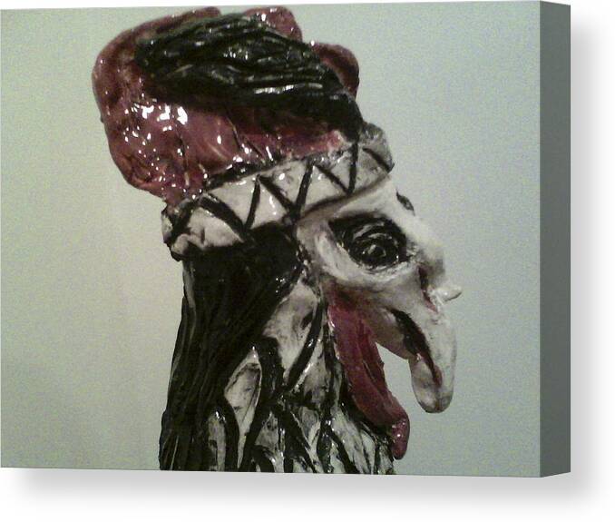 Ceramic Rooster Canvas Print featuring the sculpture Warrior Rooster by Suzanne Berthier