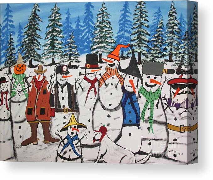  Canvas Print featuring the painting 10 Christmas Snowmen by Jeffrey Koss