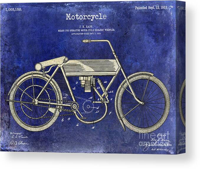 Harley Davidson Patent Drawing Canvas Print featuring the photograph 1911 Motorcycle Patent Drawing 2 Tone Blue by Jon Neidert