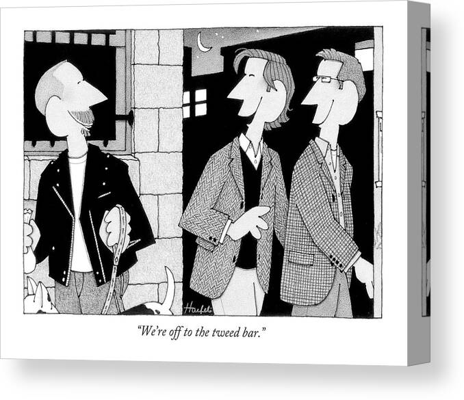 Urban Canvas Print featuring the drawing We're Off To The Tweed Bar by William Haefeli