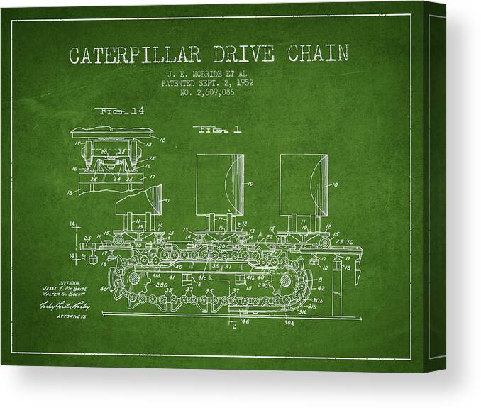 Caterpillar Canvas Print featuring the digital art Caterpillar Drive Chain patent from 1952 #3 by Aged Pixel