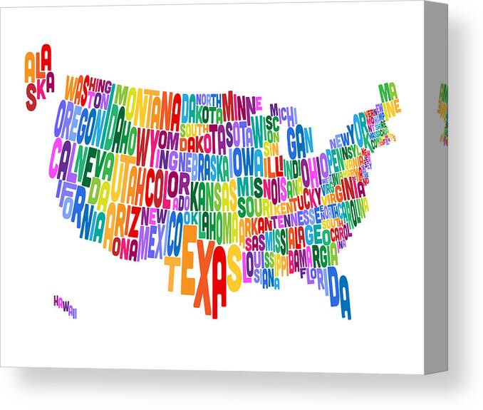 Usa Map Canvas Print featuring the digital art United States Typography Text Map #4 by Michael Tompsett