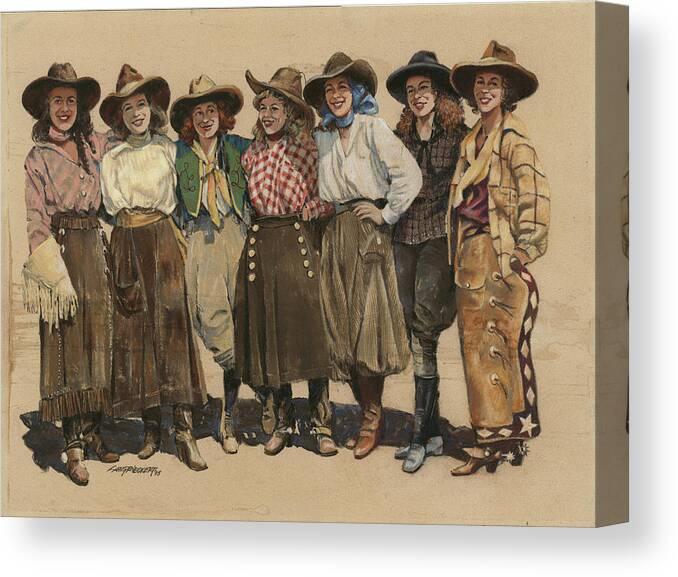 Don Langeneckert Canvas Print featuring the painting 7 Cowgirls - Old Time 1920's by Don Langeneckert