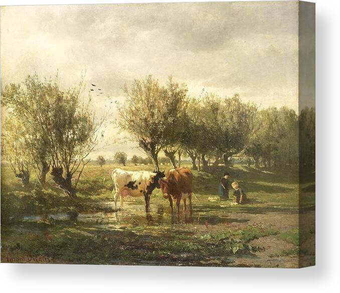 Cows At A Pond By Gerard Bilders Canvas Print featuring the painting Cows At A Pond by MotionAge Designs