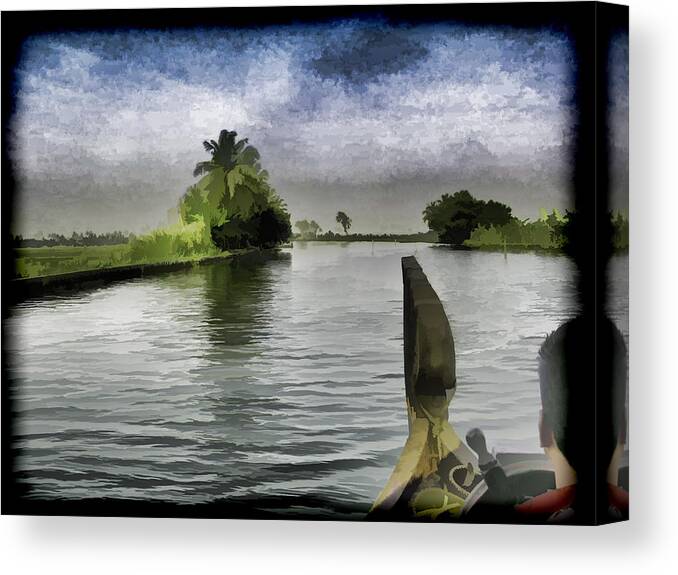 Backwater Canvas Print featuring the digital art Captain of the houseboat surveying canal #9 by Ashish Agarwal