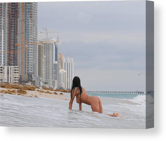 Nude Canvas Print featuring the photograph 9835 Nude Woman Crawling To High Rise Condos on Beach by Chris Maher