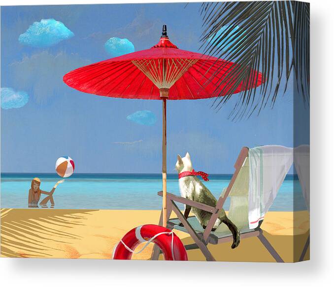 Shore Canvas Print featuring the painting A lifeguard is on duty today by Victoria Fomina