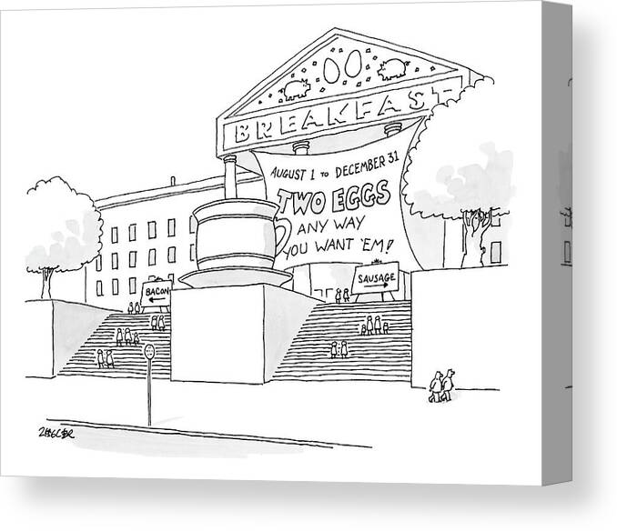 Breakfast Canvas Print featuring the drawing A Museum-like Building Is Dedicated To Breakfast by Jack Ziegler