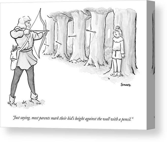 Parenting Canvas Print featuring the drawing An Archer Aims To Shoot An Apple Off His Son's by Benjamin Schwartz