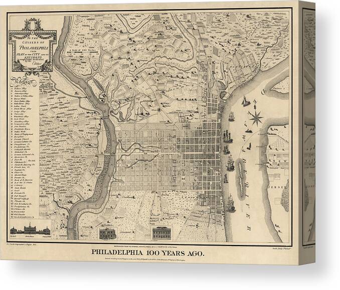 Philadelphia Canvas Print featuring the drawing Antique Map of Philadelphia by P. C. Varte - 1875 by Blue Monocle