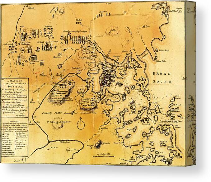 Map Canvas Print featuring the drawing Antique Map of the Battles of Lexington and Concord 1775 by Mountain Dreams
