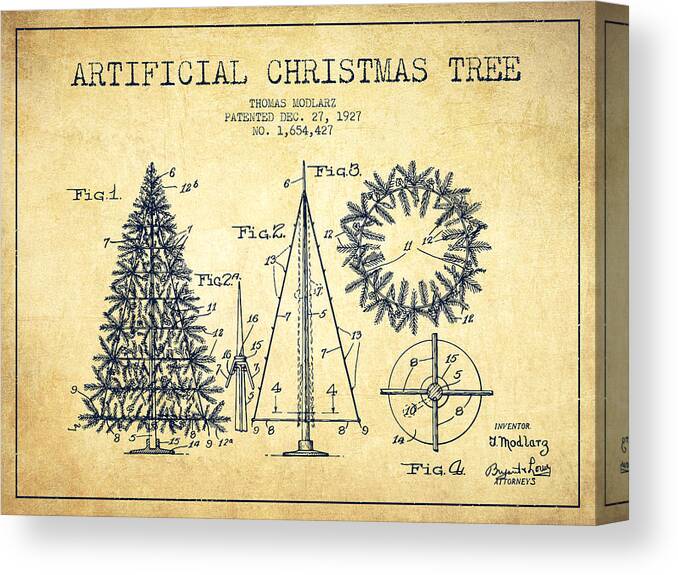 Christmas Canvas Print featuring the digital art Artifical Christmas Tree Patent from 1927 - Vintage by Aged Pixel