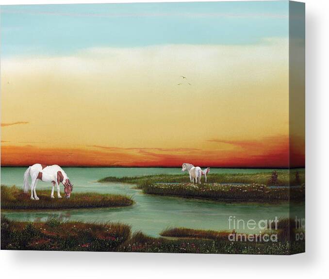 Assateague Wild Horses Canvas Print featuring the painting Assateague Island Sunset by Albert Puskaric