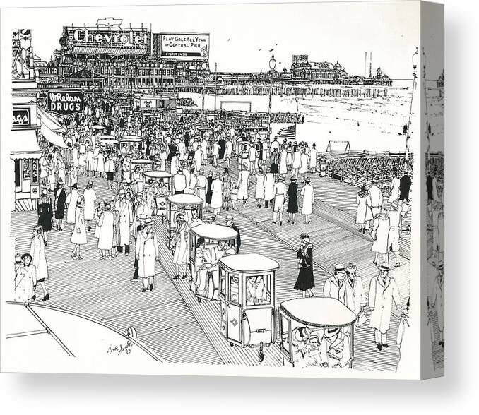 Atlantic City Boardwalk Canvas Print featuring the drawing Atlantic City Boardwalk 1940 by Ira Shander