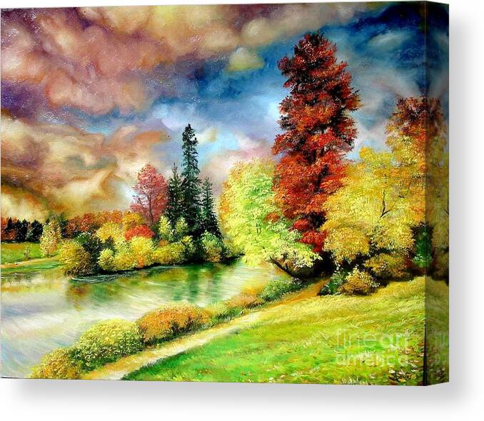 Autumn Canvas Print featuring the painting Autumn in Park by Sorin Apostolescu