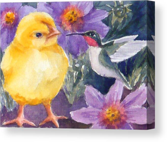 Fine Art Print Canvas Print featuring the painting Baby Chick and Hummingbird by Janet Zeh