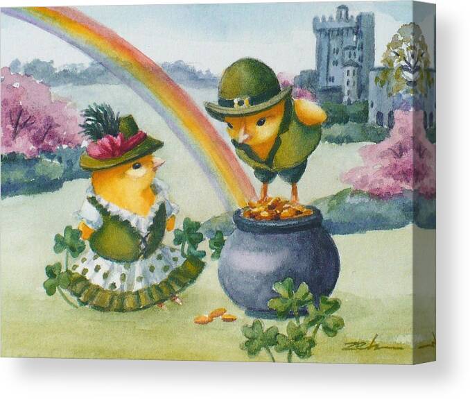 Ferdinand And Nina Canvas Print featuring the painting Baby Chicks in Ireland at Blarney Castle by Janet Zeh