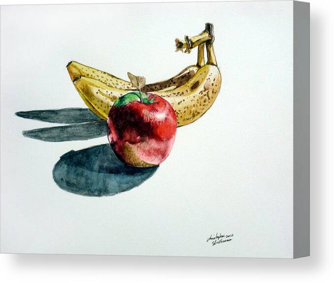 Banana Canvas Print featuring the painting Bananas and an Apple by Christopher Shellhammer
