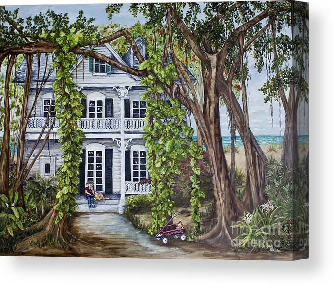 Banyan Tree Canvas Print featuring the painting Banyan Beach House by Janis Lee Colon
