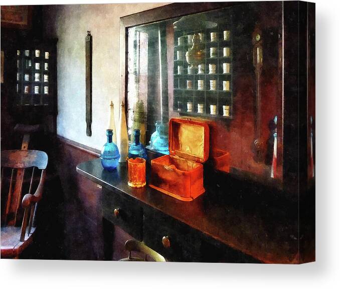Shaving Canvas Print featuring the photograph Barber - Hair Tonic and Shaving Mugs by Susan Savad