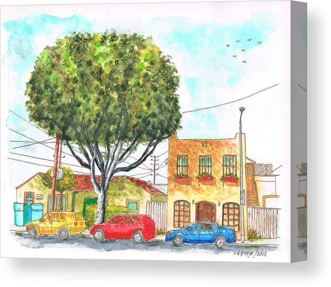 Nature Canvas Print featuring the painting Big figus and yellow house in Curson Ave - West Hollywood - California by Carlos G Groppa