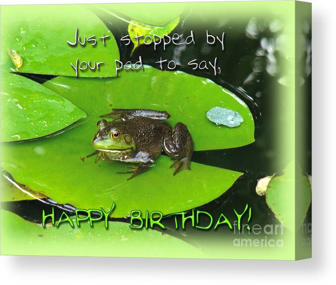 Birthday Canvas Print featuring the photograph Birthday Greeting Card - Bullfrog on Lily Pad by Carol Senske