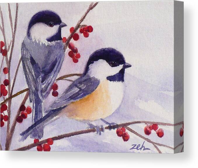 Birds Canvas Print featuring the painting Black-capped Chickadees by Janet Zeh