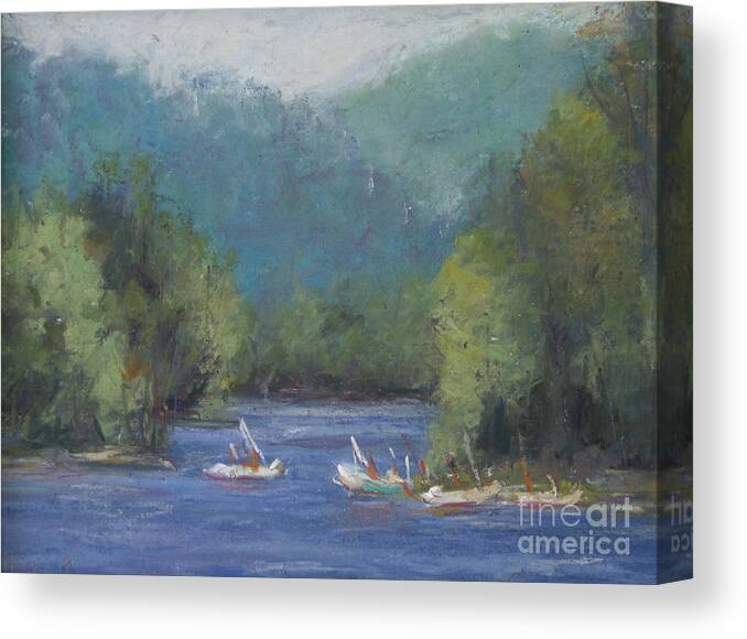 Boats Canvas Print featuring the pastel Boats On Lake by Joyce Guariglia