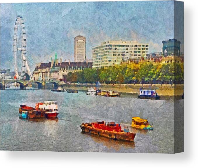 London Eye Canvas Print featuring the digital art Boats on the River Thames and The London Eye by Digital Photographic Arts
