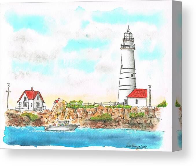 Outdoors Canvas Print featuring the painting Boston Lighthouse by Carlos G Groppa